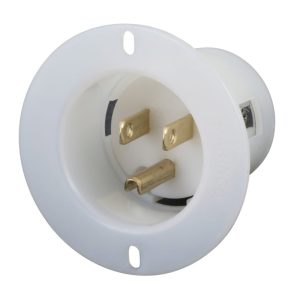 15A 125V 2P 3W (5-15R) Flanged Inlet - White Body in a Black Housing